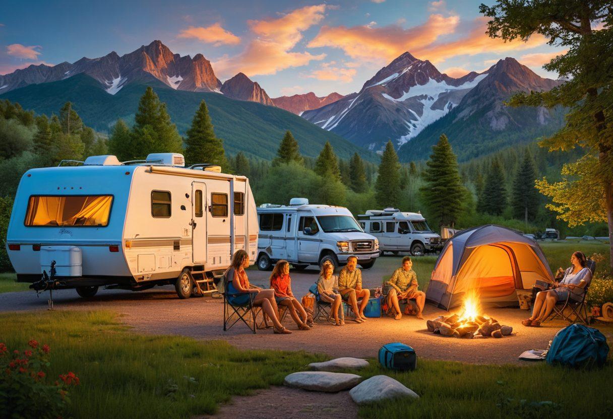 A vibrant scene of a family happily gathered around their RV at a picturesque campground, with mountains in the background, and highways winding through lush greenery. Include children playing outdoors, a campfire, and travel maps scattered around. The sky is bright blue with fluffy clouds, embodying the spirit of adventure and exploration. Engaging details like bicycles and outdoor gear enhance the travel vibe. super-realistic. vibrant colors. warm lighting.