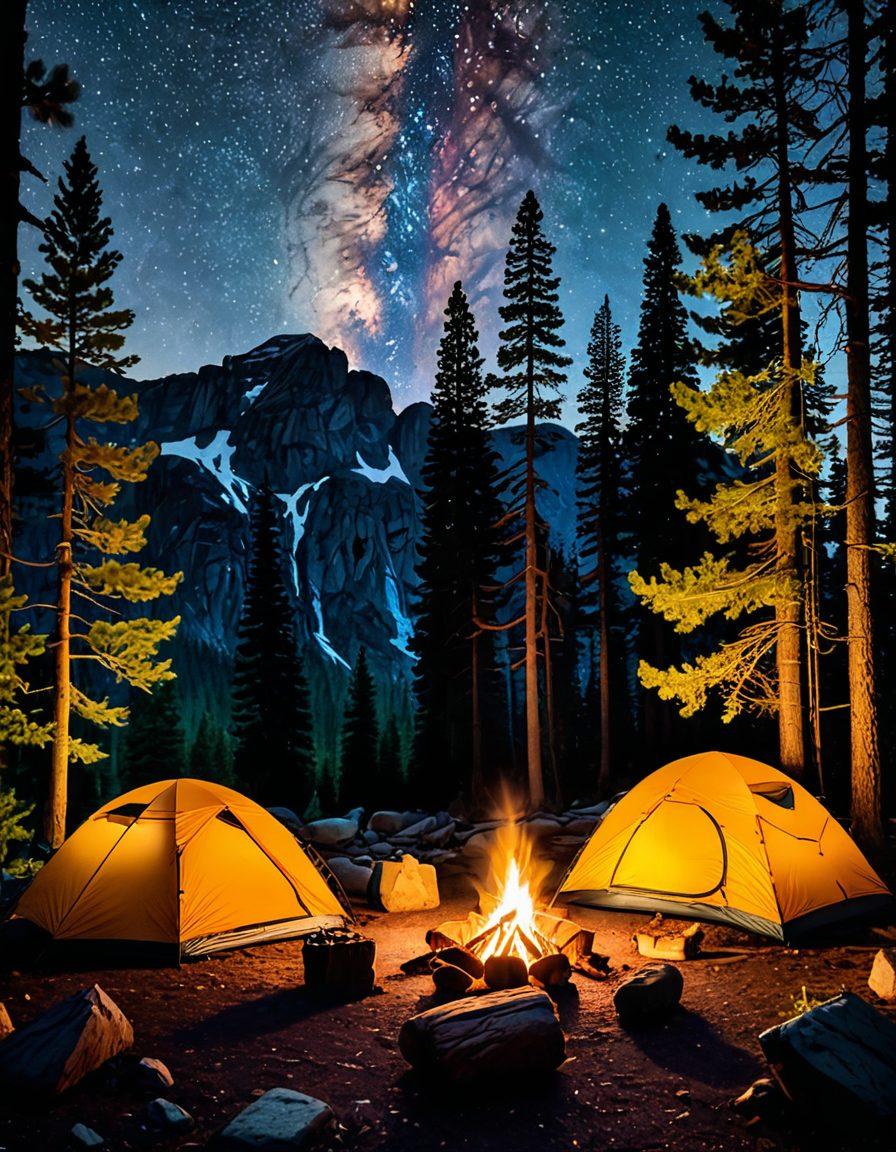 A vibrant, picturesque campsite set amidst breathtaking mountains, featuring various essential camping gear like tents, backpacks, and cooking equipment. Include a campfire with people sharing stories, surrounded by tall pines and a clear starry sky above. A pathway leading into the wilderness beckons exploration. colorful. super-realistic. vibrant colors.